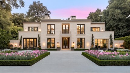 This beautiful home features elegant lighting, large windows, and ornate architecture, set against a colorful sunset and lush garden in full bloom