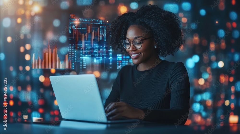Poster a woman works on a laptop in a tech-inspired environment with data visuals in the background.
