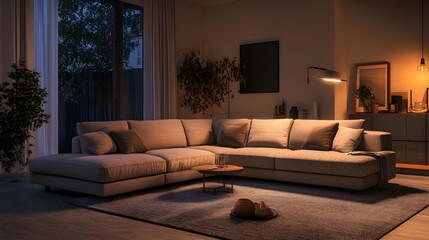 Fototapeta premium Cozy and inviting modern living room with a large comfortable sectional sofa and minimalist stylish decor The calming and serene atmosphere is created by the beautiful use of negative space