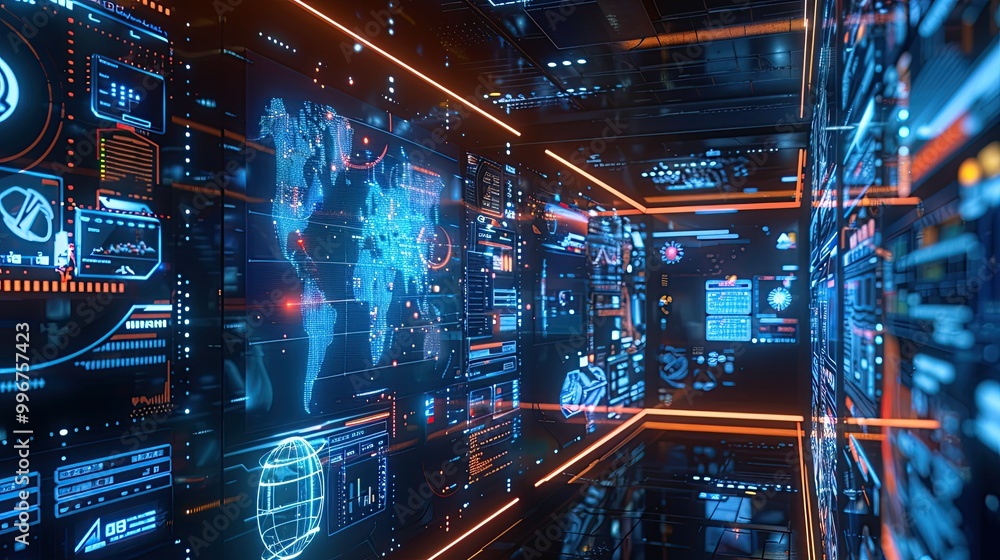 Poster a futuristic holographic display projecting 3d images and data