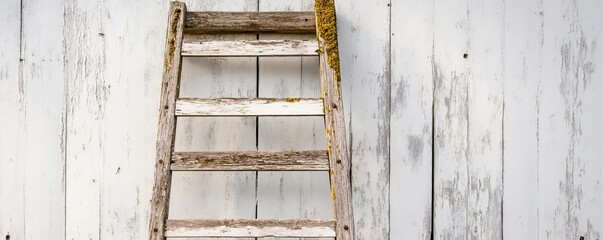 Rustic wooden ladder with peeling paint, leaning against an old barn, with moss growing in the cracks, conveying rural charm and weathered beauty