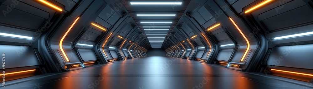 Poster futuristic corridor with sleek design and ambient orange lighting, perfect for sci-fi environments a