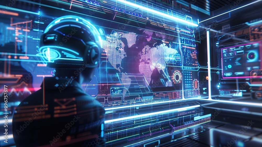 Poster a futuristic holographic display projecting 3d images and data