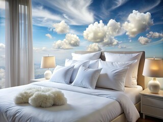 Fluffy white pillows and crisp linens adorn a plush, cloud-like mattress, inviting relaxation and rejuvenation in a serene and calming bedroom atmosphere.
