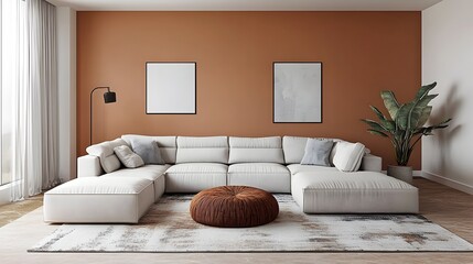 Cozy and inviting modern living room with a large comfortable sectional sofa and minimalist stylish decor  The color accent wall and plush area rug ground the open and airy space