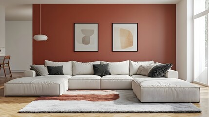 Cozy and inviting modern living room with a large comfortable sectional sofa and minimalist stylish decor  The color accent wall and plush area rug ground the open and airy layout