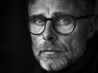 Black and white portrait, man with glasses, closeup, balanced lighting, intellectual vibe