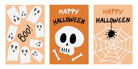 Set of trendy Halloween posters. Flat style and funny characters. Cute vector poster set for postcard,banner, flyer.