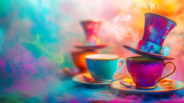 Vibrant Wonderland Tea Party: A colorful banner background of Mad Hatter Day  where the Mad Hatterâ€™s tea party is bathed in vivid colors and vibrant energy, 