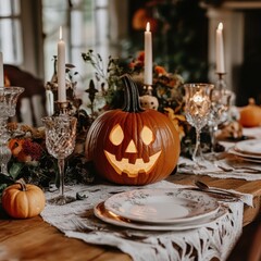 Naklejka premium a halloween table setting with pumpkin carving
