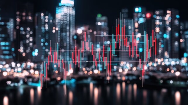 Digital stock market graph shows declining trends against a festive New York City backdrop with holiday decorations and blurred buildings - Powered by Adobe