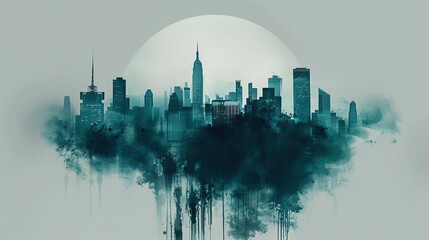 Fototapeta premium Business logo featuring a minimalist city skyline, representing urban development, in shades of grey and teal