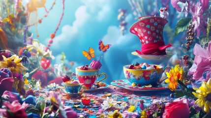Vibrant Wonderland Tea Party: A colorful banner background of Mad Hatter Day  where the Mad Hatter&acirc;&euro;&trade;s tea party is bathed in vivid colors and vibrant energy, 