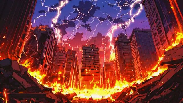 A futuristic city crumbling onslaught of meteors sky. Streets burn with fire. Red skies and constant lightning heighten the chaos, 4k 2D Flat Japanese Anime-style Landscape Animation Video