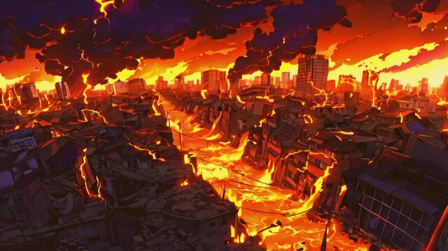 A futuristic city crumbling onslaught of meteors sky. Streets burn with fire. Red skies and constant lightning heighten the chaos, 4k 2D Flat Japanese Anime-style Landscape Animation Video