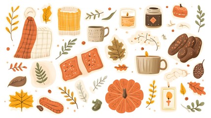 A vector illustration of autumn elements, cozy items like blankets and candles