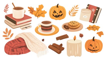 A vector illustration of autumn elements, cozy items like blankets and candles