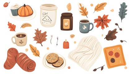 A vector illustration of autumn elements, cozy items like blankets and candles