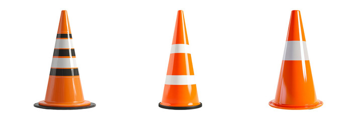 Different styled orange traffic cones isolated on transparent background