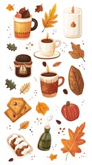 A vector illustration of autumn elements, cozy items like blankets and candles