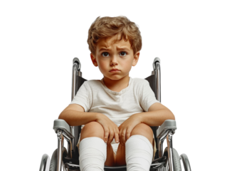 Sad boy sitting in a wheelchair with bandaged legs on white background PNG transparent.