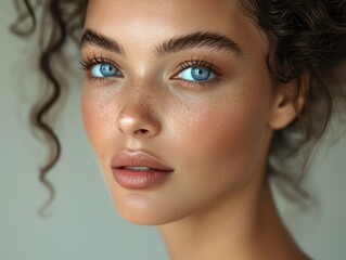 Closeup of woman with flawless complexion, gentle lighting