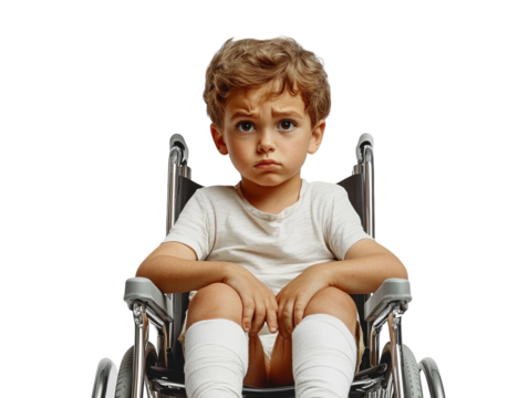 Sad boy sitting in a wheelchair with bandaged legs on white background PNG transparent. - Powered by Adobe