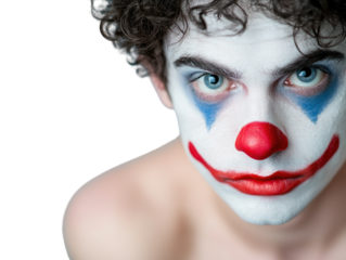 Sad clown with white face paint and red nose PNG transparent.