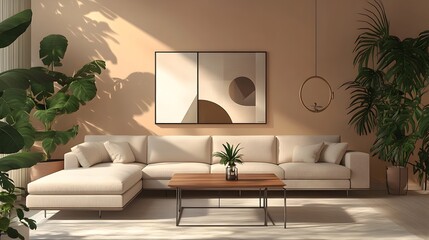 Cozy and inviting modern living room with a large comfortable sectional sofa and minimalist stylish decor the color walls highlighting clean lines and geometric forms lush indoor greenery