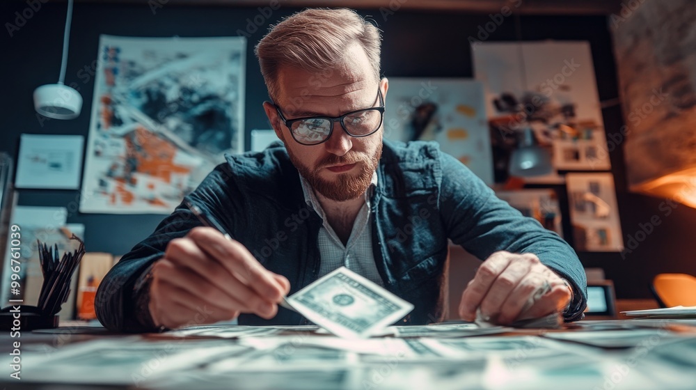 Poster a focused individual analyzing currency notes on a desk in a creative workspace.