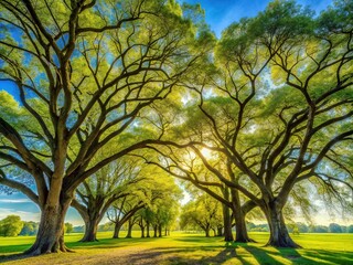 Fototapeta premium Majestic elm trees stand tall with sprawling canopies and sturdy branches, their rustling leaves glistening in the warm sunlight against a serene blue sky.