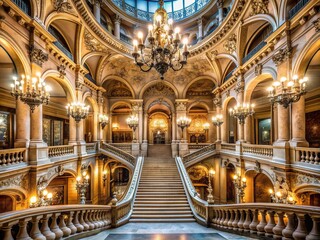 Fototapeta premium Majestic ornate grand staircase with intricate architecture, sweeping curves, and glittering chandeliers in a historic European opera house interior.