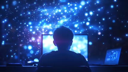 Silhouette of a person sitting in front of a glowing computer screen with abstract lights.