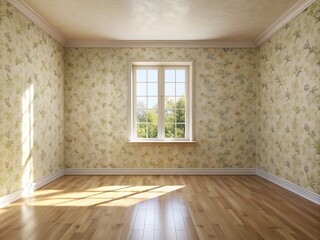 Minimalist empty room with cream-colored walls adorned with a subtle floral wallpaper, wooden floor, and a single window letting in natural light.