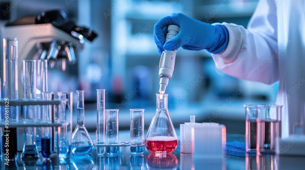 Poster a laboratory scene showcasing a scientist using a pipette with colorful liquids in glassware.
