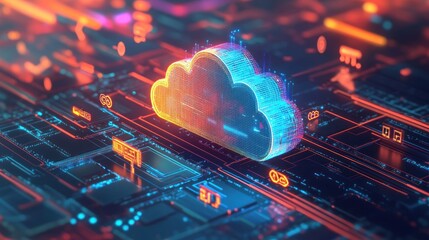 A digital representation of cloud computing with vibrant colors and circuit patterns.