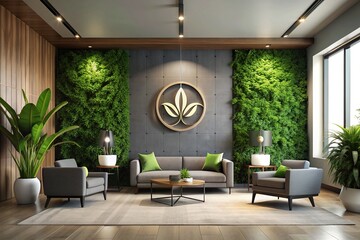 Modern minimalist interior design concept featuring a stylized logo incorporated into a sleek, monochromatic wall design, surrounded by elegant furniture and lush greenery accents.