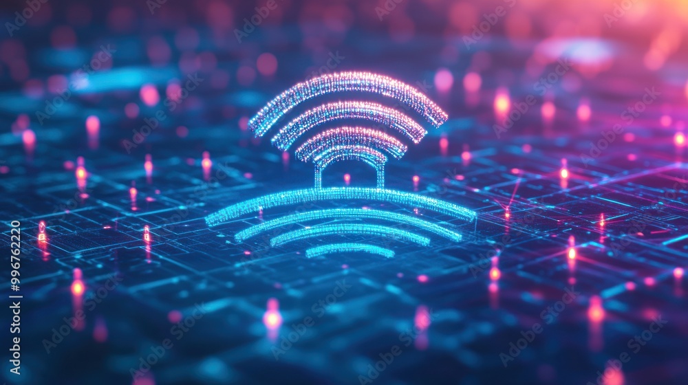 Poster a digital representation of a wi-fi symbol over a network grid, emphasizing connectivity.