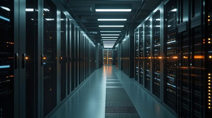 Fototapeta premium A modern data center corridor lined with server racks illuminated by artificial lighting.