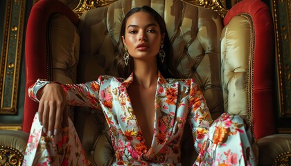 Naklejka premium Elegant woman in a floral suit, seated on a regal throne, exuding confidence
