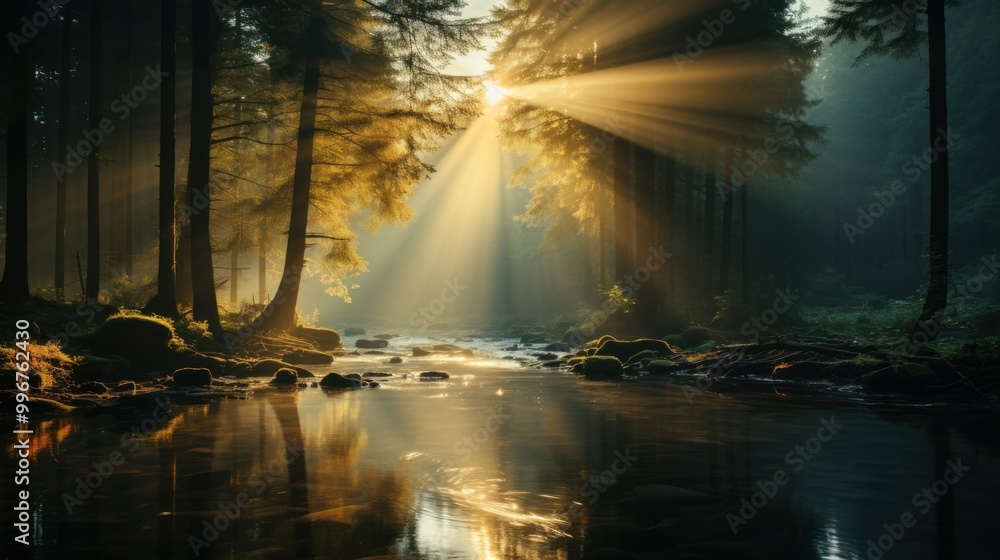 Poster sun rays filter through trees in a tranquil forest by a flowing stream during early morning light
