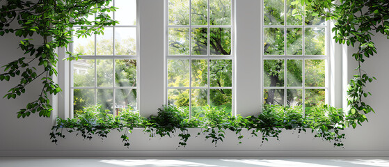 Empty display window facing a street lined with lush trees, isolated on a white background