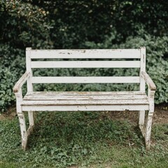 Fototapeta premium Vintage wooden bench with splintered edges and peeling paint, positioned in an overgrown garden, capturing the essence of countryside serenity