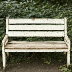 Fototapeta premium Vintage wooden bench with splintered edges and peeling paint, positioned in an overgrown garden, capturing the essence of countryside serenity