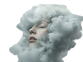 Woman with head hidden in clouds on white background PNG transparent.