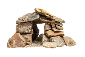 A small house-like structure constructed entirely of stacked stones with a single opening acting as a doorway.