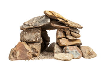 A small house-like structure constructed entirely of stacked stones with a single opening acting as a doorway.