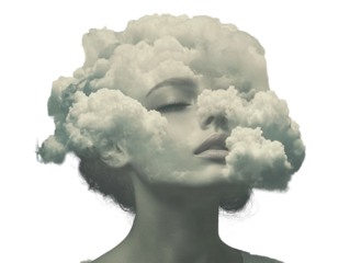 Woman with head hidden in clouds on white background PNG transparent.