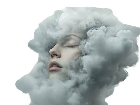 Woman with head hidden in clouds on white background PNG transparent.