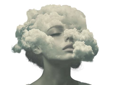 Woman with head hidden in clouds on white background PNG transparent.